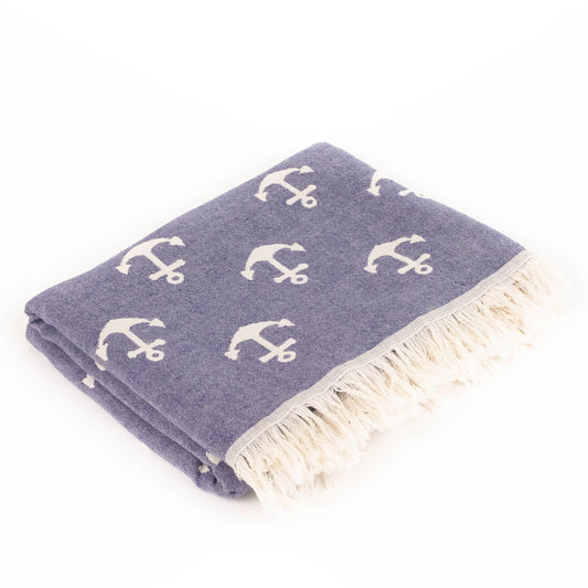 Turkish Beach Towel - Navy and White Anchors