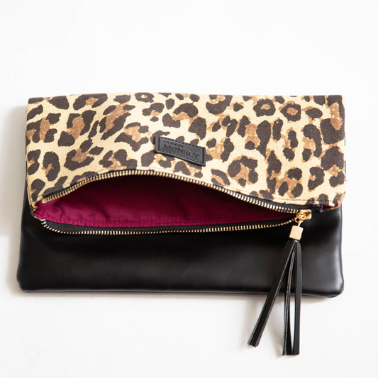 Fold Over Clutch, Leopard-Burgundy