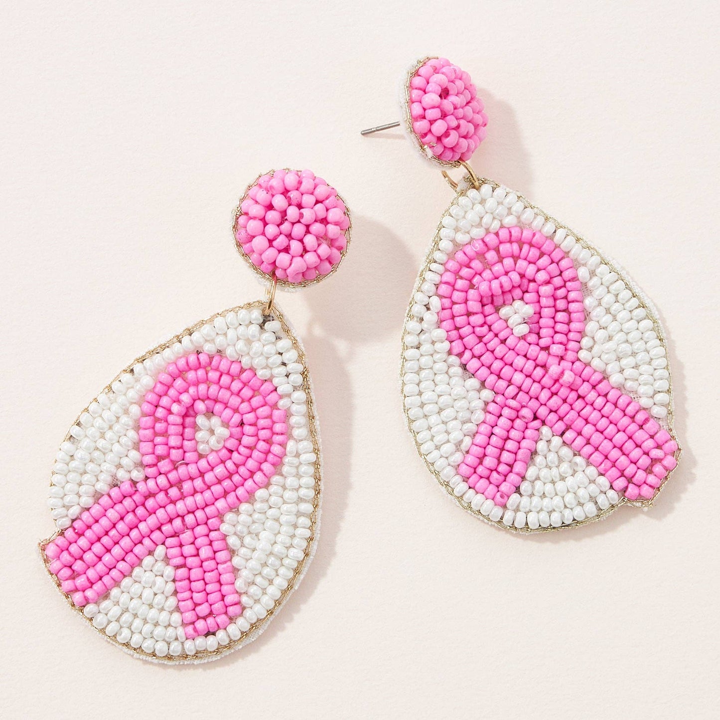 Pink Ribbon Seed Bead Teardrop Earrings