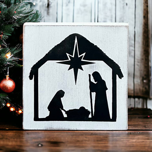 Nativity - Rustic Wood Christmas Sign (White)