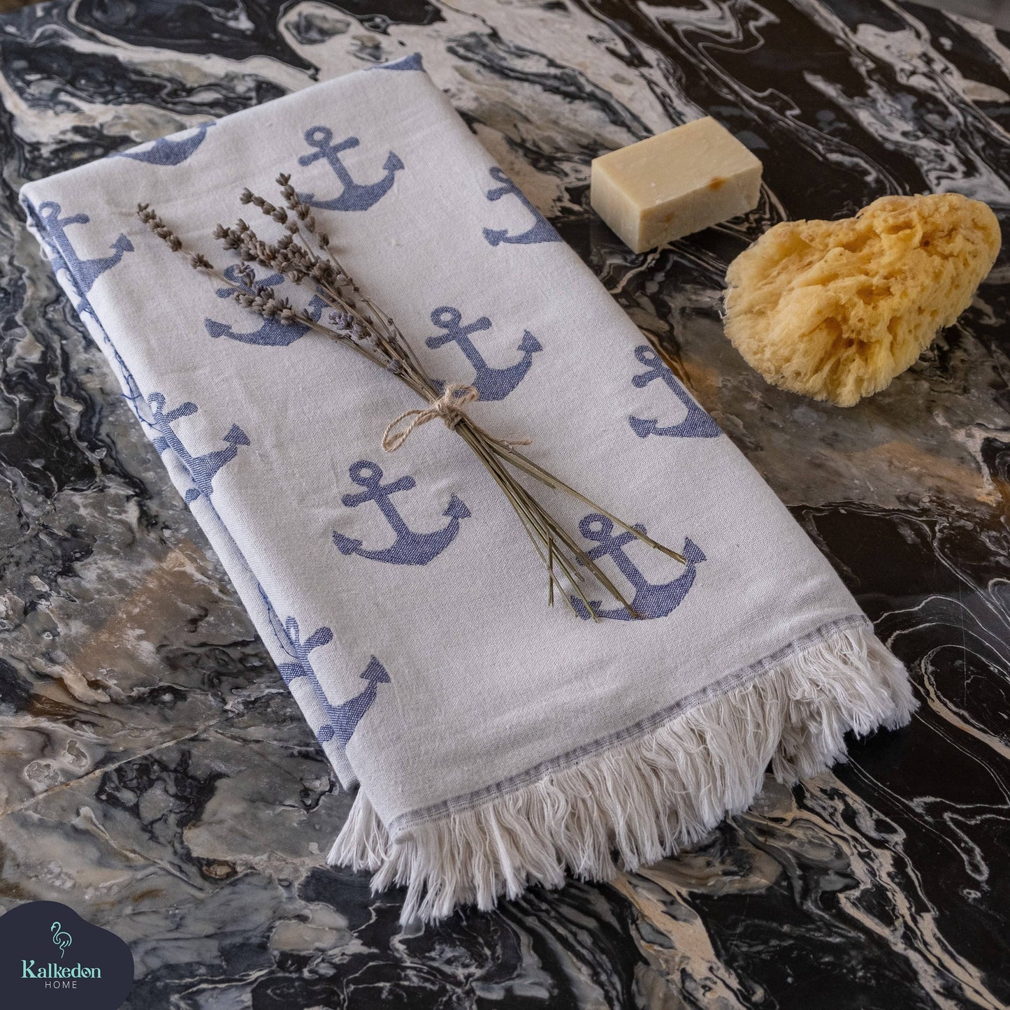 Turkish Beach Towel - Navy and White Anchors