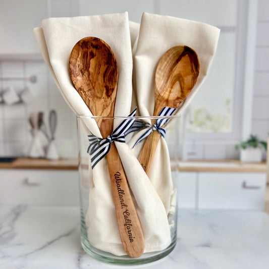 The Lillie Pad - Custom City Name Olive Wood Serving Spoon & Towel Gift Set