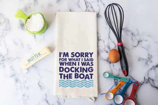 The Lillie Pad - Funny Kitchen Towel - Docking the Boat - Add Hangers