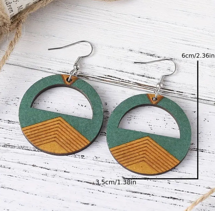 Earrings - Wooden Circular Geo Design Dangle