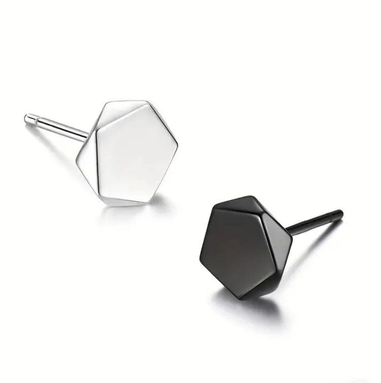 Earrings - Black and Silver Hexagon Studs