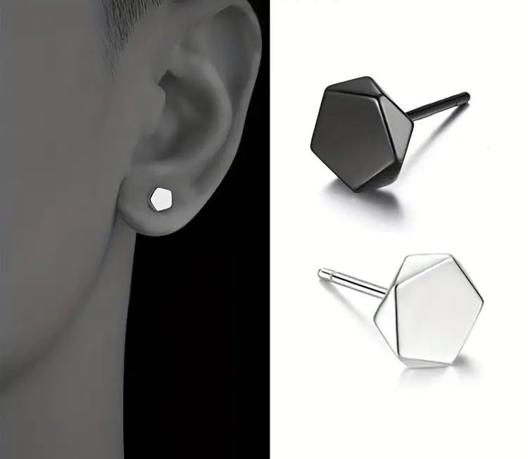 Earrings - Black and Silver Hexagon Studs