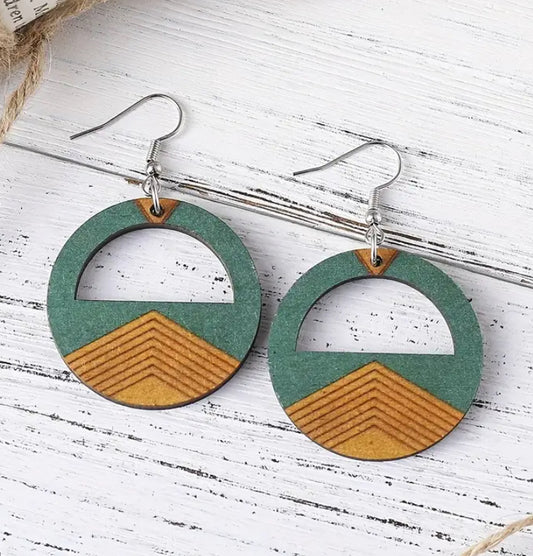 Earrings - Wooden Circular Geo Design Dangle