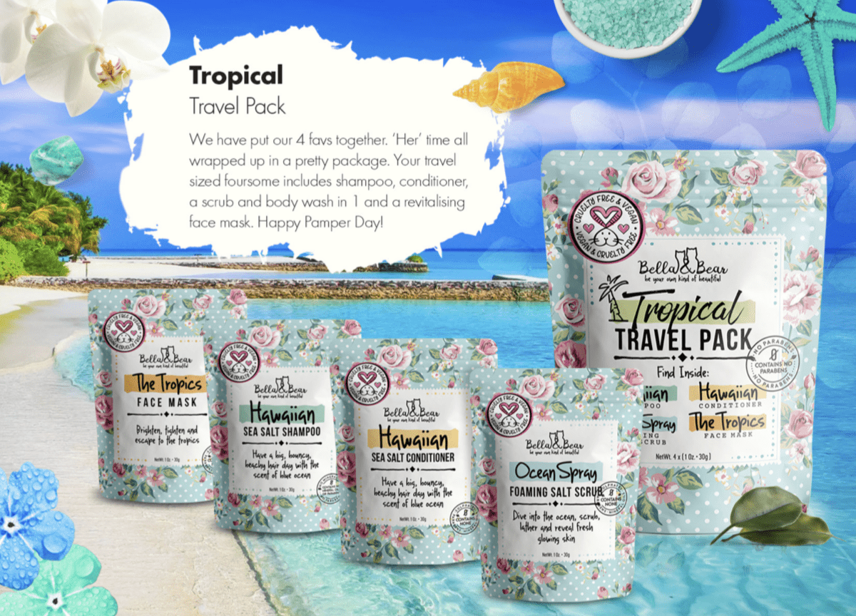 Tropical Travel Pack - Shampoo, Conditioner, Body Scrub & Face Mask Set