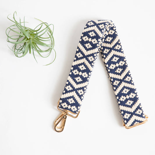 Guitar Style Purse Strap, Navy/Cream Geo